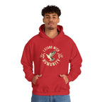 Person wearing a red hoodie with a peace symbol design on a white background