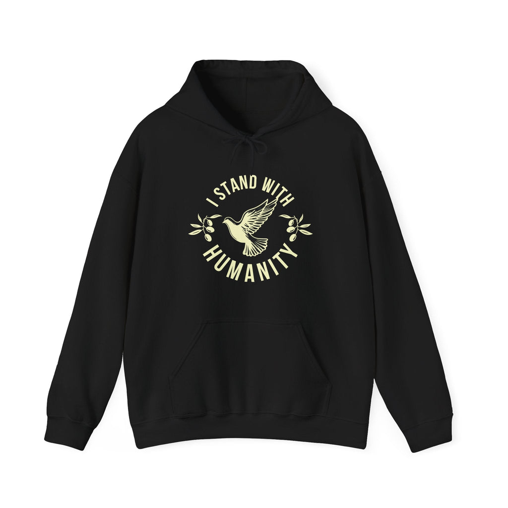 Black hoodie with 'I Stand With Humanity' design on a white background