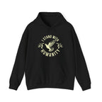 Black hoodie with 'I Stand With Humanity' design on a white background