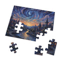 Jigsaw puzzle with a completed section and pieces missing, set against a starry night sky with a village scene.