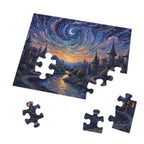 Jigsaw puzzle with a completed section and pieces missing, set against a starry night sky with a village scene.