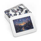 Jigsaw puzzle set with a completed puzzle piece showing a starry night cityscape design.