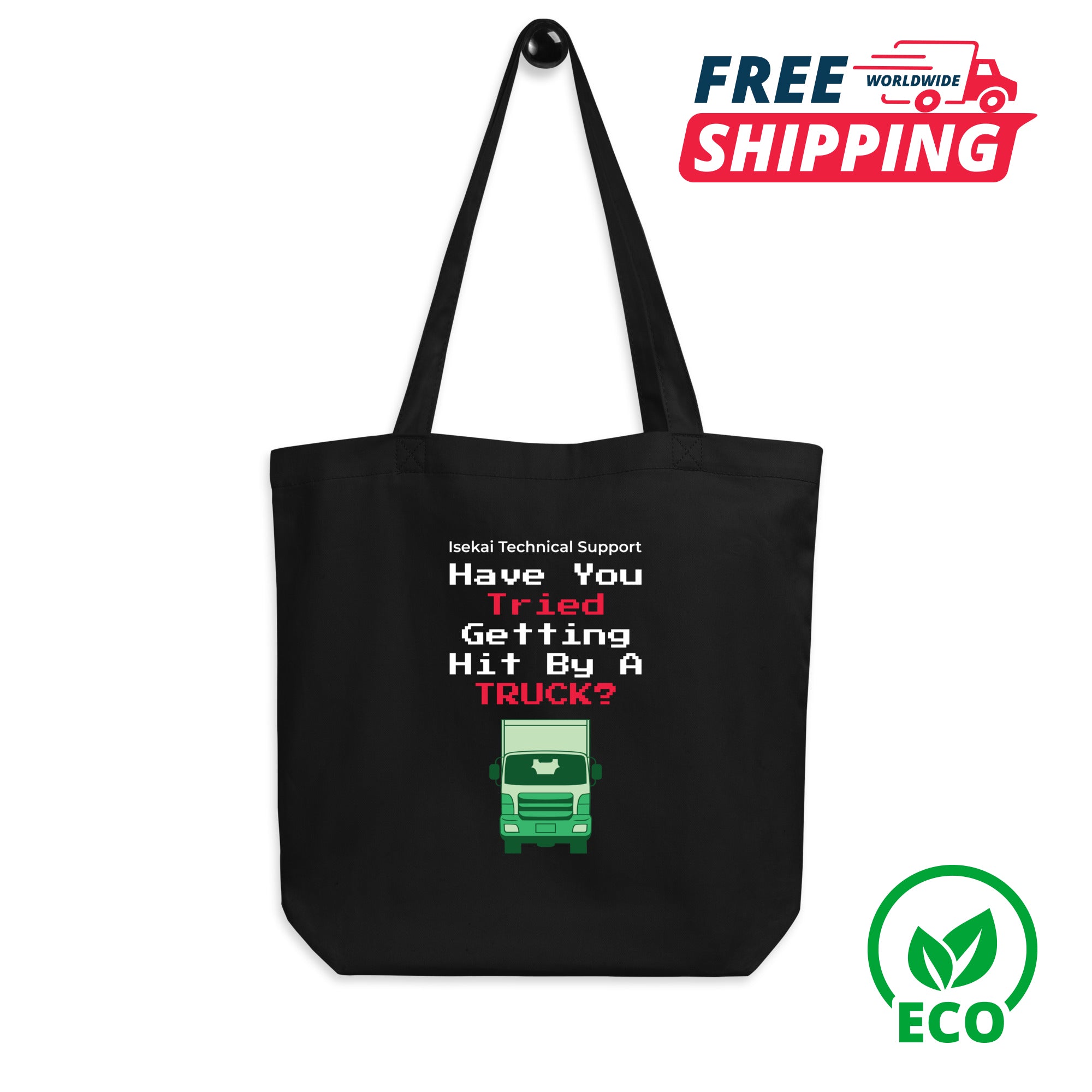 Black tote bag with humorous text and truck-kun graphic, free shipping and eco-friendly badge on a white background