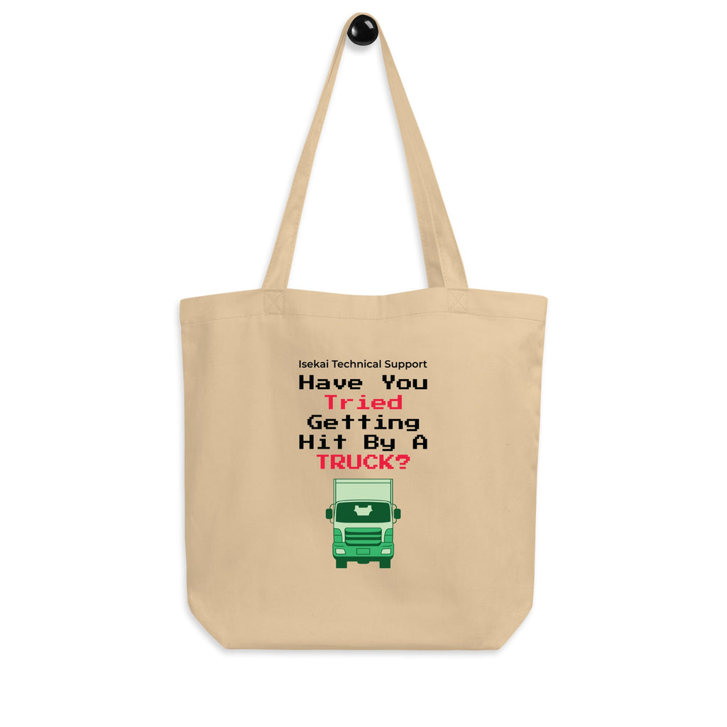 Beige tote bag with humorous truck graphic and text on a white background