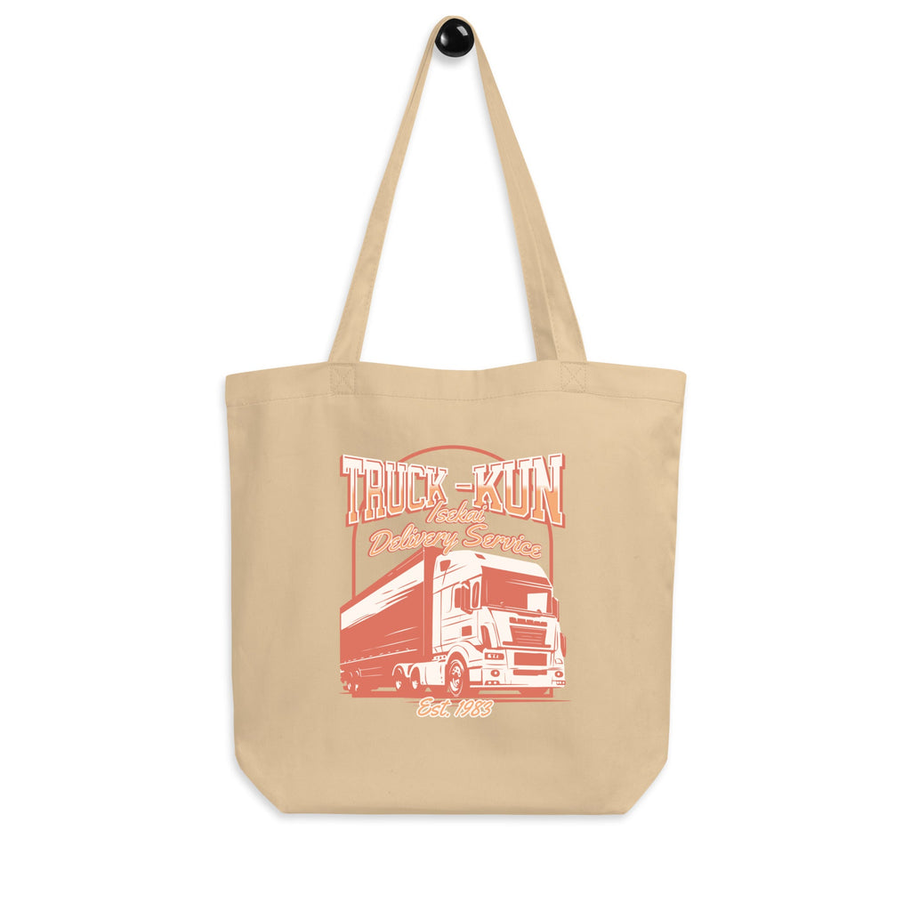 Beige tote bag with red isekai truck-kun graphic and text on a white background