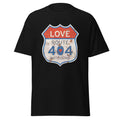 Black t-shirt with a Route 404 design on a white background