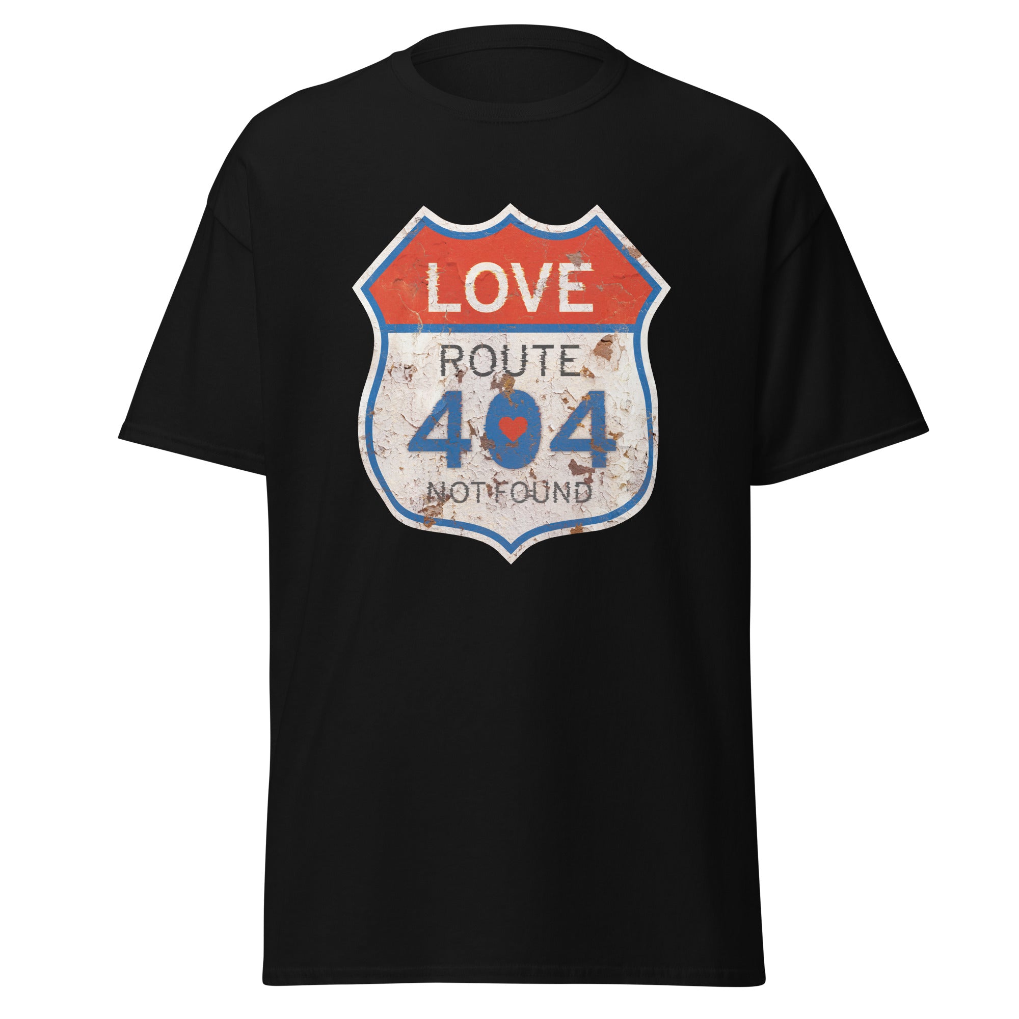 Black t-shirt with a Route 404 design on a white background