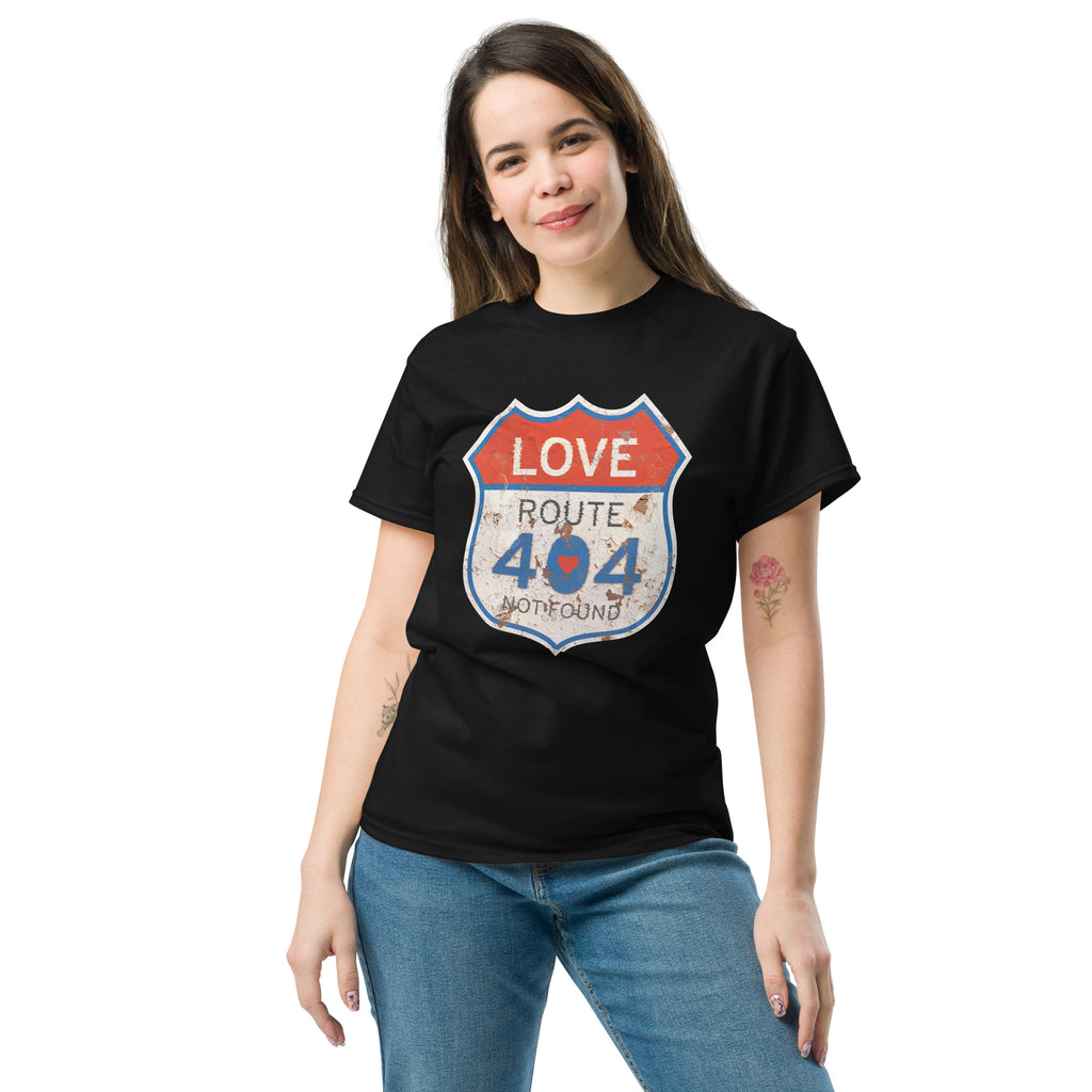 Woman wearing a black t-shirt with a Route 404 design on a white background