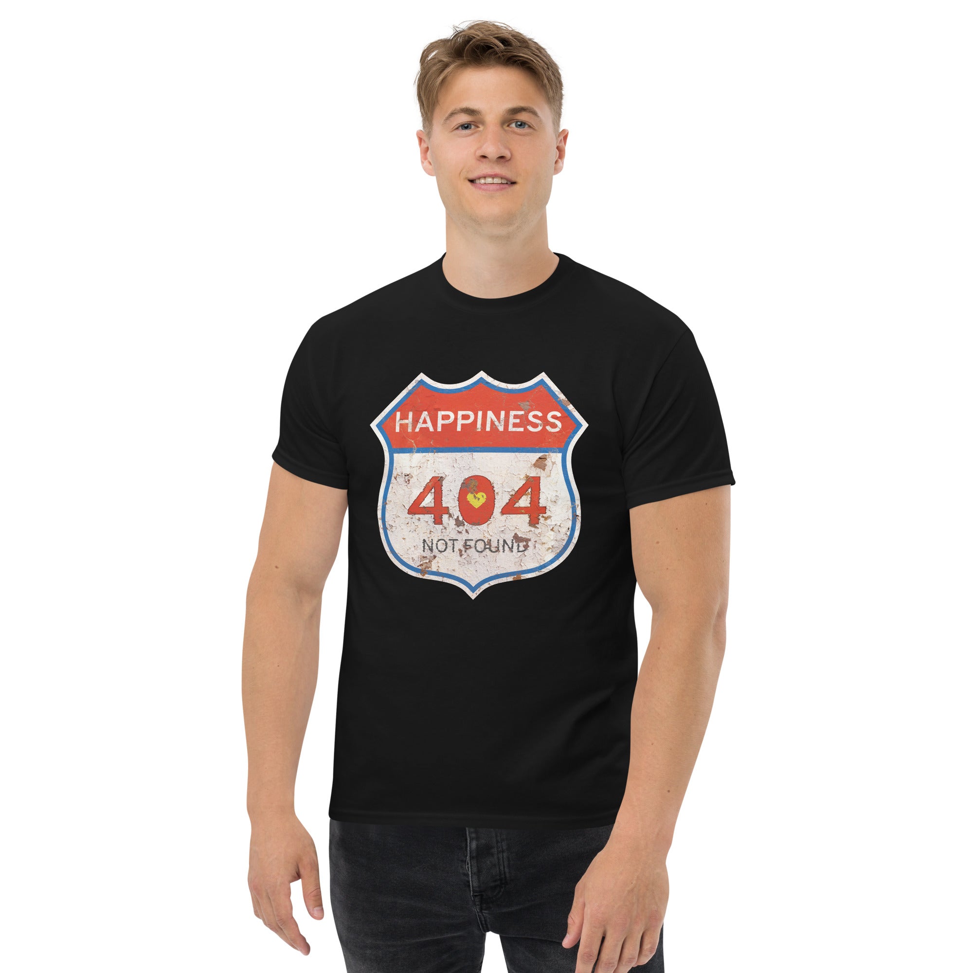 Person wearing a black t-shirt with a graphic design on a white background