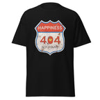 Black t-shirt with a graphic design featuring 'Happiness 404 Not Found' on a white background
