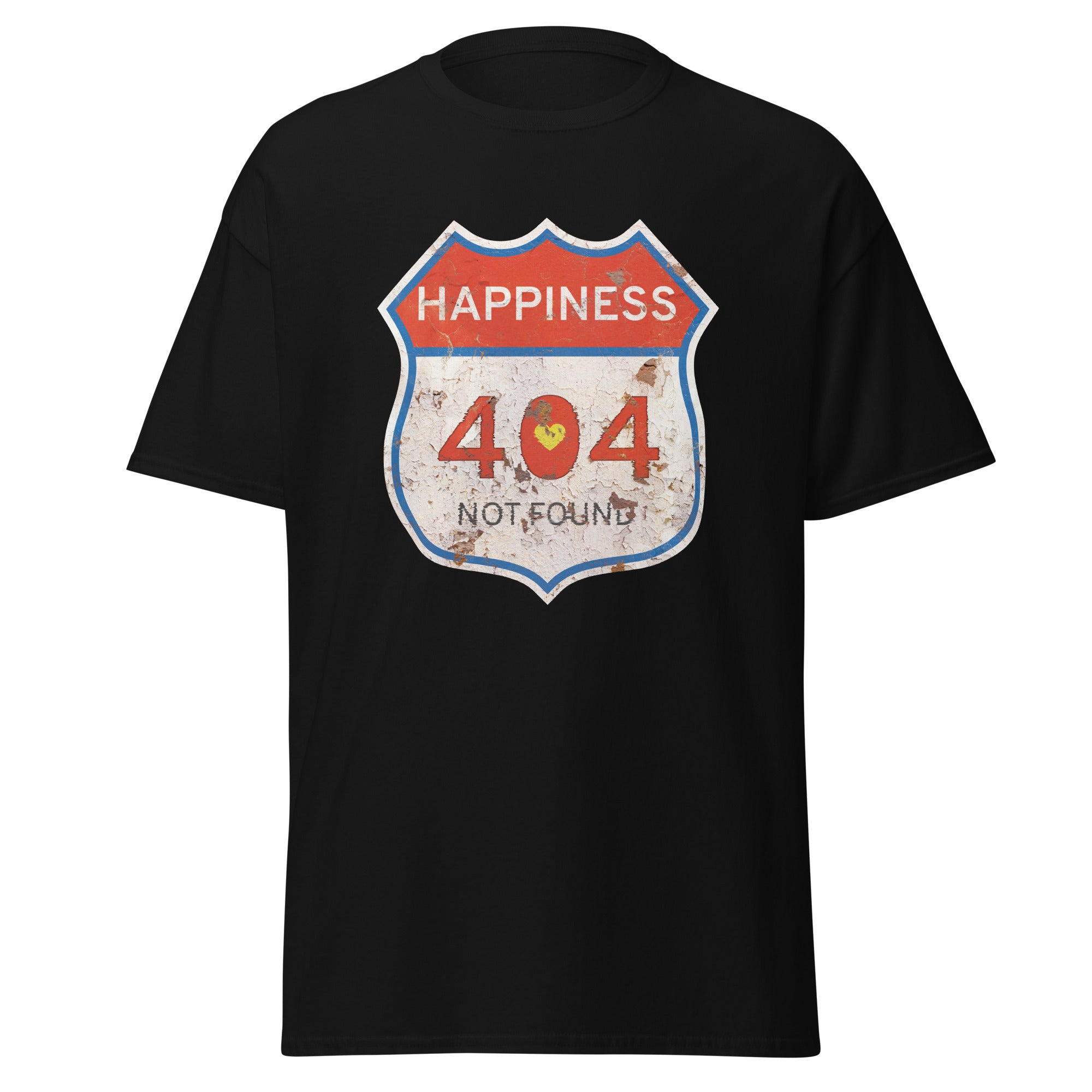 Black t-shirt with a graphic design featuring 'Happiness 404 Not Found' on a white background