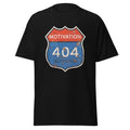 Black t-shirt with a 'Motivation 404 Not Found' graphic design on a white background