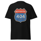 Black t-shirt with a 'Motivation 404 Not Found' graphic design on a white background