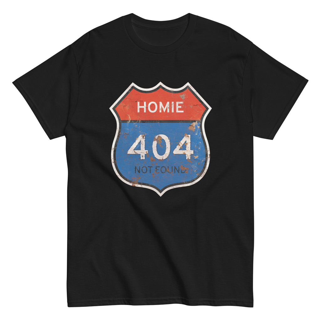 Black t-shirt with a "Homie 404 Not Found" graphic design of a road sign on a white background