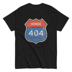 Black t-shirt with a "Homie 404 Not Found" graphic design of a road sign on a white background