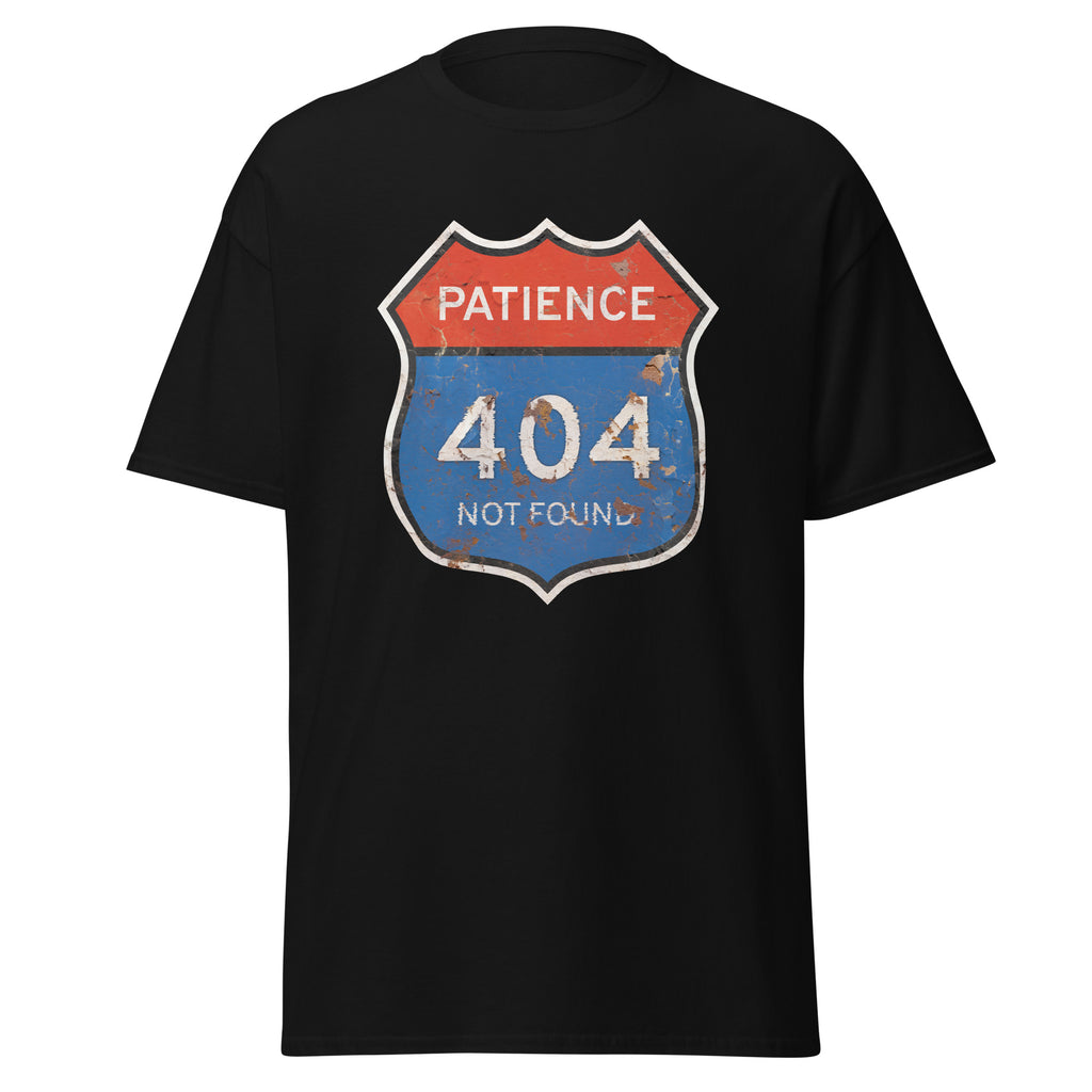 Black t-shirt with a graphic design of a road sign on a white background