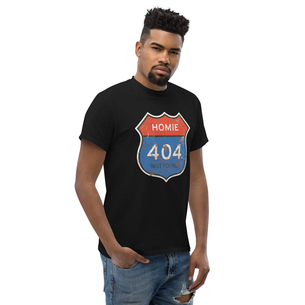 Man wearing a black t-shirt with a "Homie 404 Not Found" graphic design on a white background