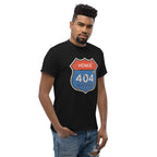 Man wearing a black t-shirt with a "Homie 404 Not Found" graphic design on a white background
