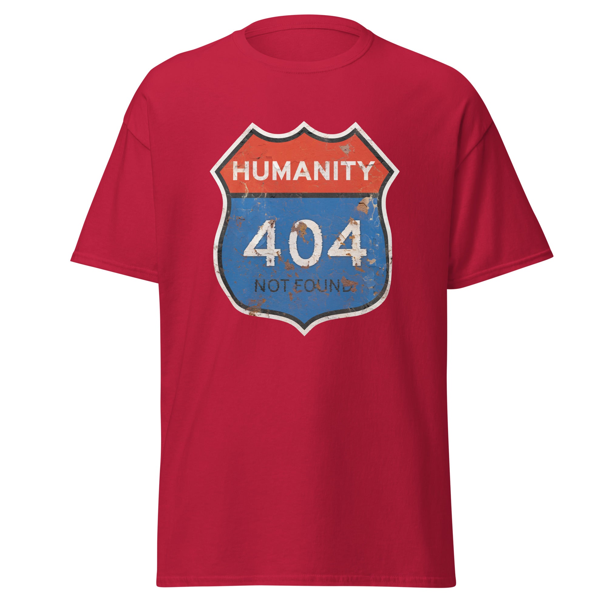 Red t-shirt with a graphic design featuring 'Humanity 404 Not Found' on a white background