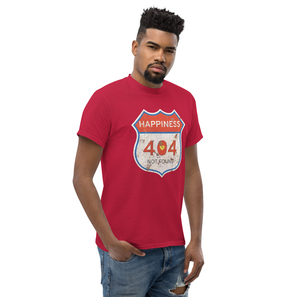 Man wearing a red t-shirt with a 'Happiness 404 Not Found' graphic design on a white background
