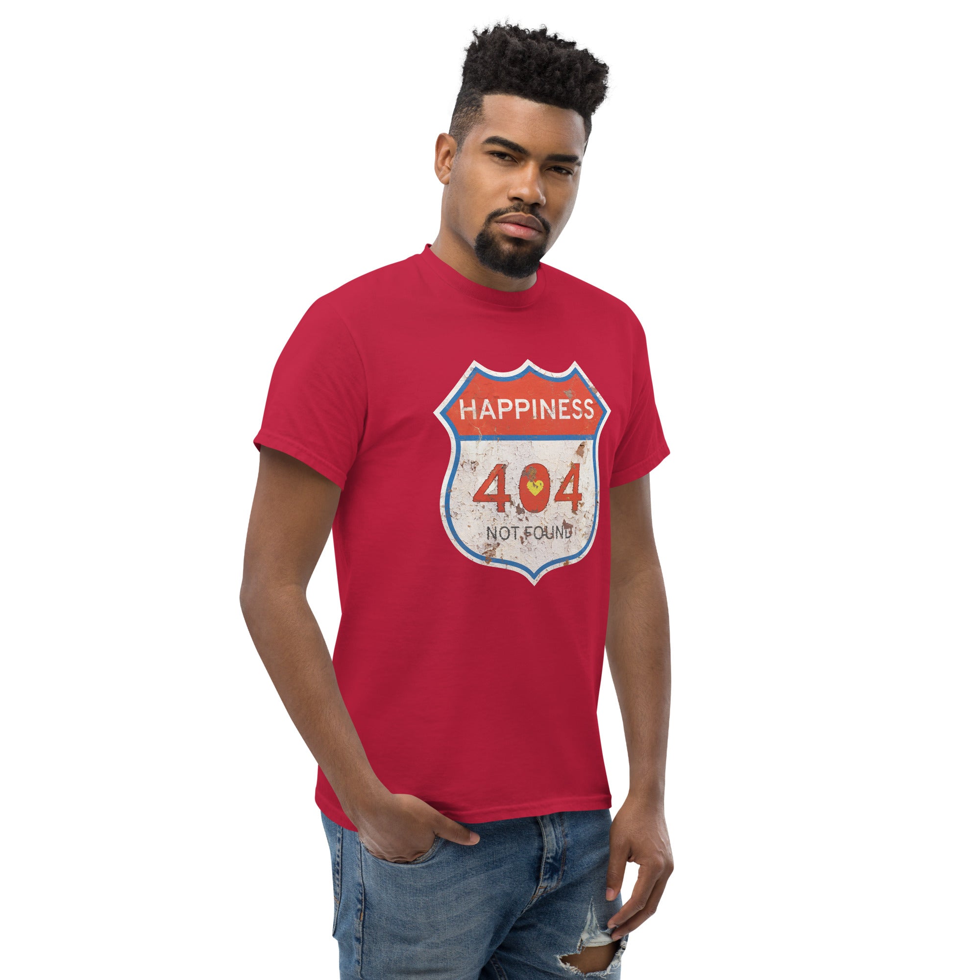 Man wearing a red t-shirt with a 'Happiness 404 Not Found' graphic design on a white background