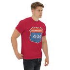 Man wearing a red t-shirt with a 'Humanity 404 Not Found' graphic design on a white background