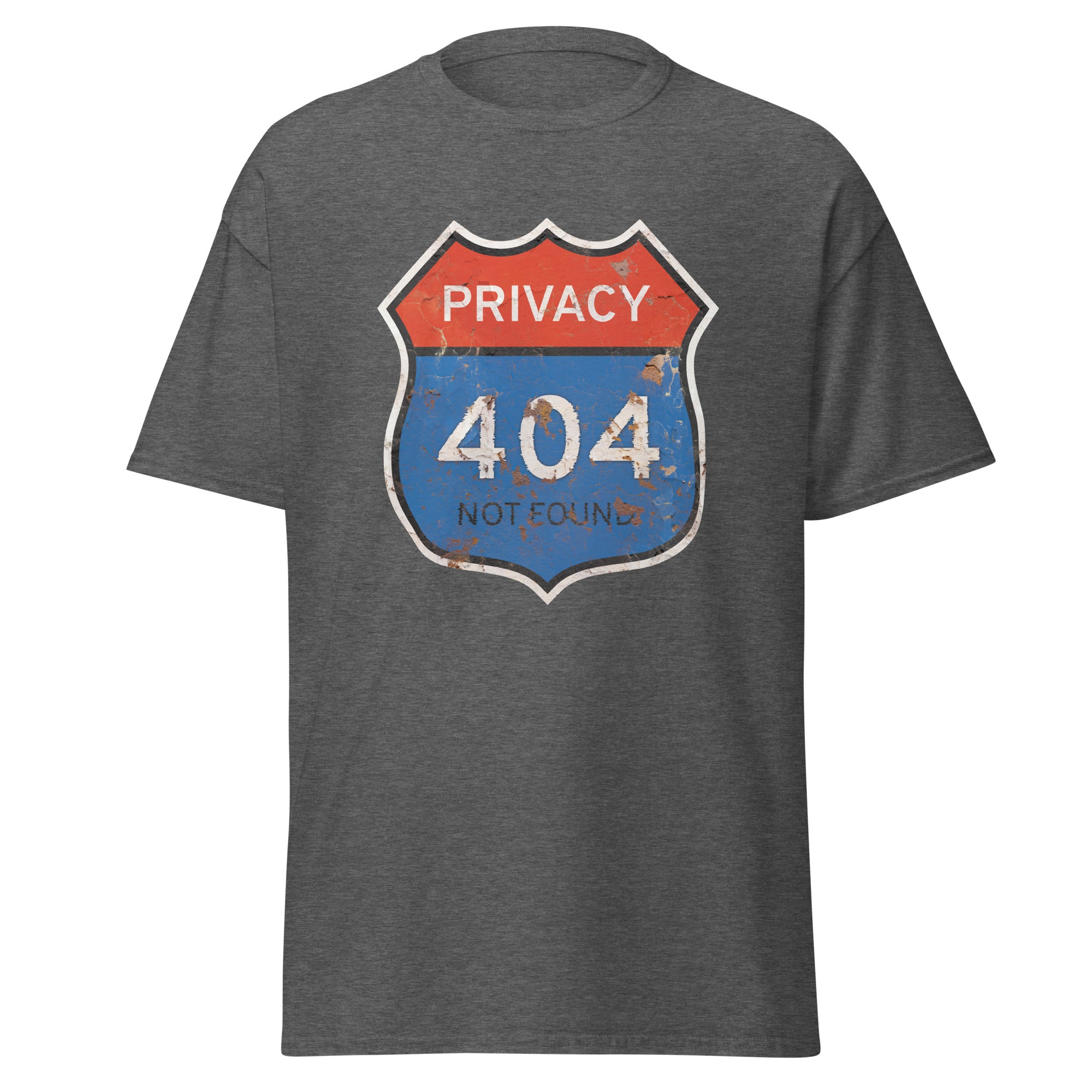 Gray t-shirt with a graphic design of a road sign with 'Privacy 404 Not Found' text on a white background