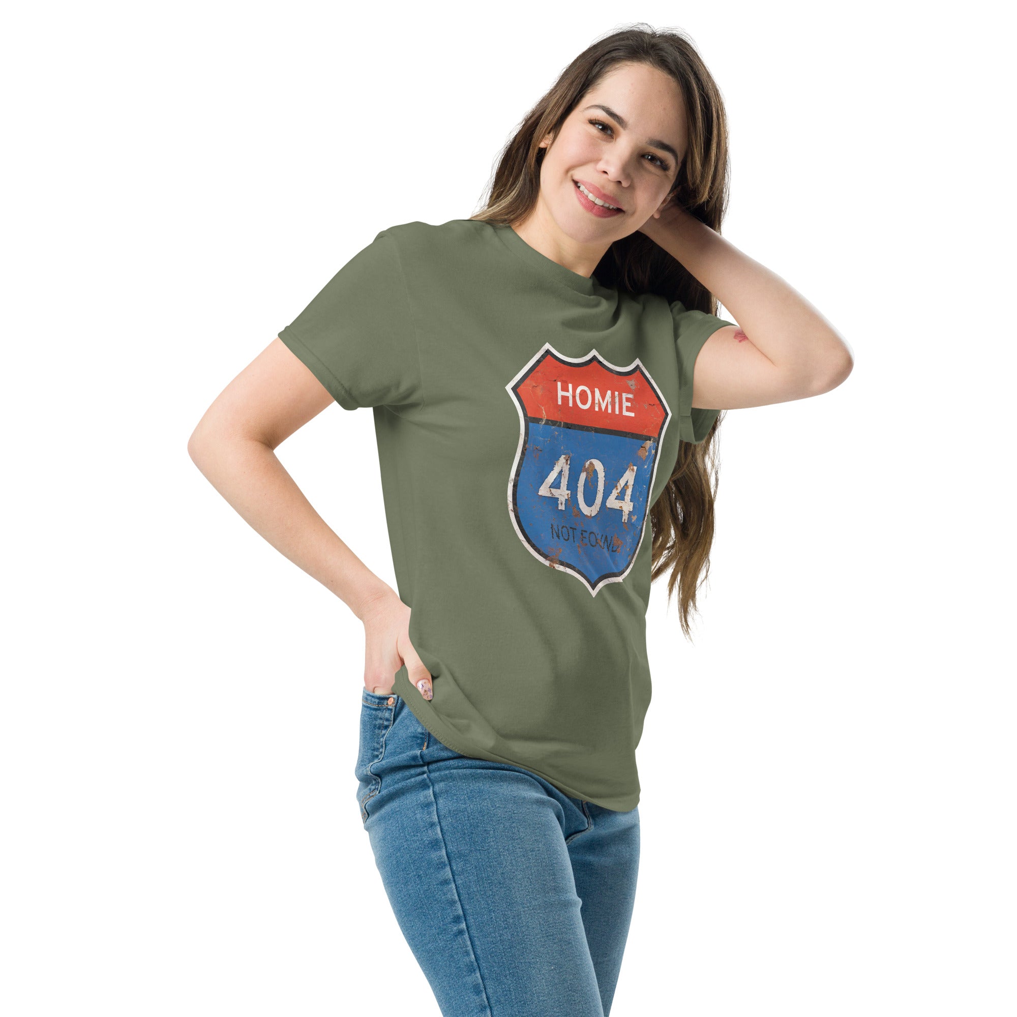 Person wearing a green t-shirt with a "Homie 404 Not Found" graphic design on a white background