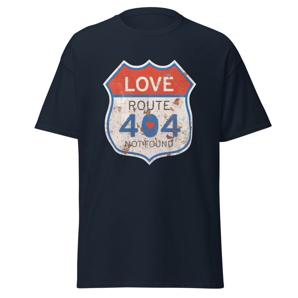 Navy t-shirt with a Route 404 design on a white background