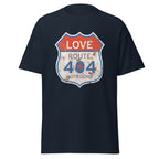 Navy t-shirt with a Route 404 design on a white background
