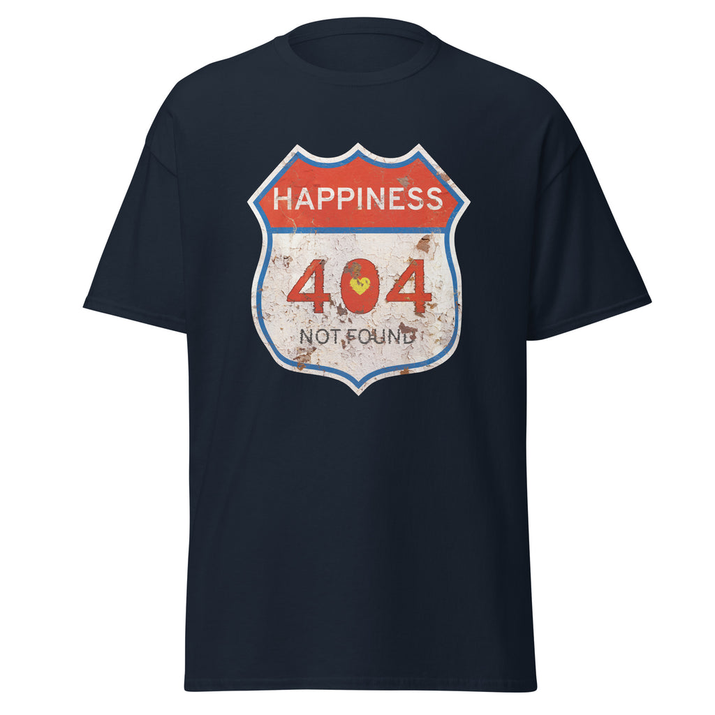 Navy t-shirt with a graphic design featuring 'Happiness 404 Not Found' on a white background