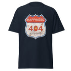 Navy t-shirt with a graphic design featuring 'Happiness 404 Not Found' on a white background