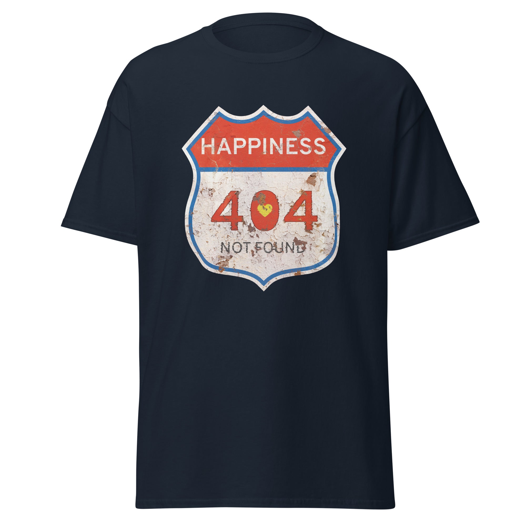 Navy t-shirt with a graphic design featuring 'Happiness 404 Not Found' on a white background