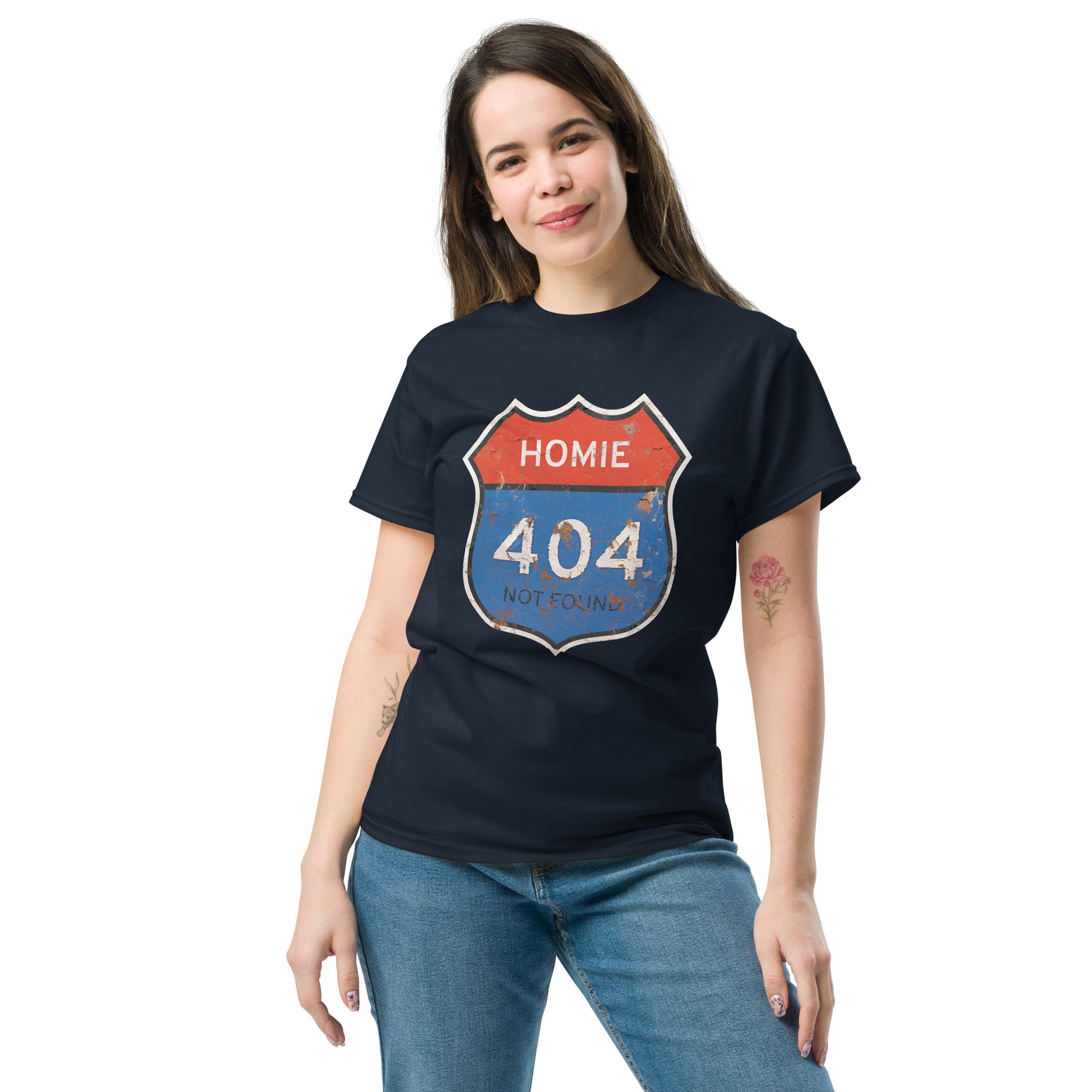Woman wearing a navy t-shirt with a "Homie 404 Not Found" graphic design on a white background