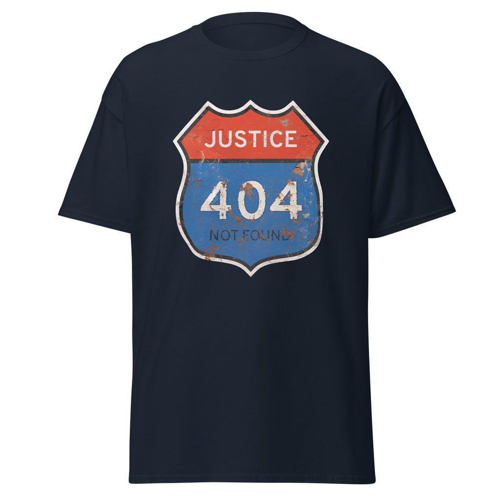 Navy blue t-shirt with a graphic design of a road sign with 'Justice 404 Not Found' text on a white background