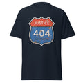 Navy blue t-shirt with a graphic design of a road sign with 'Justice 404 Not Found' text on a white background
