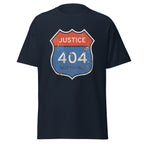Navy blue t-shirt with a graphic design of a road sign with 'Justice 404 Not Found' text on a white background