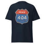Navy blue t-shirt with a graphic design featuring a road sign with 'PEACE' and '404 NOT FOUND' text on a white background.
