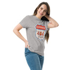 Woman wearing a gray t-shirt with a 'Happiness 404 Not Found' graphic design on a white background