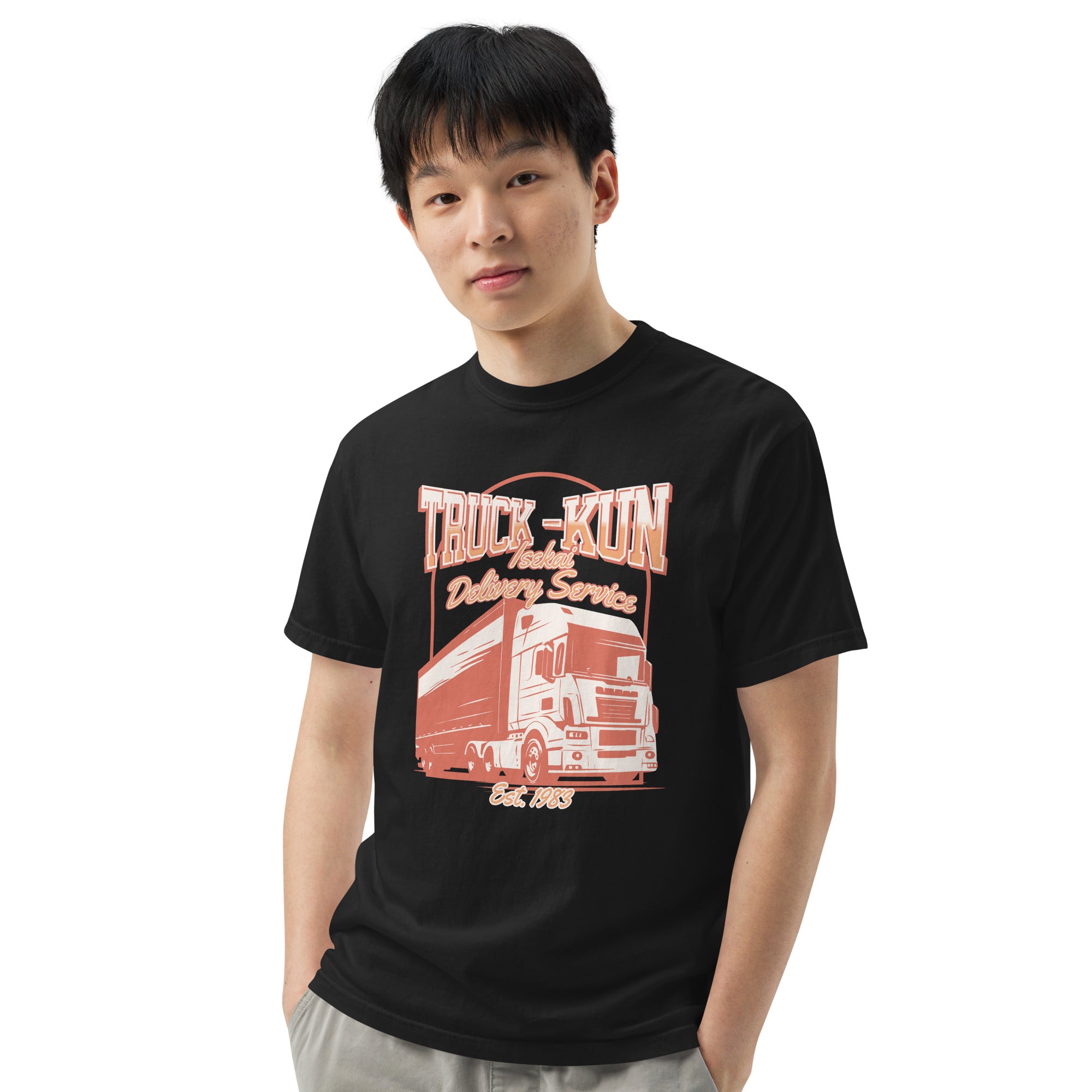 Person wearing a black t-shirt with a 'Truck-kun Isekai Delivery Service' graphic design on a white background