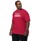 Man wearing a red t-shirt with humorous, funny, witty 'My Sleep Schedule is Sponsored by New Episodes' text design on a white background
