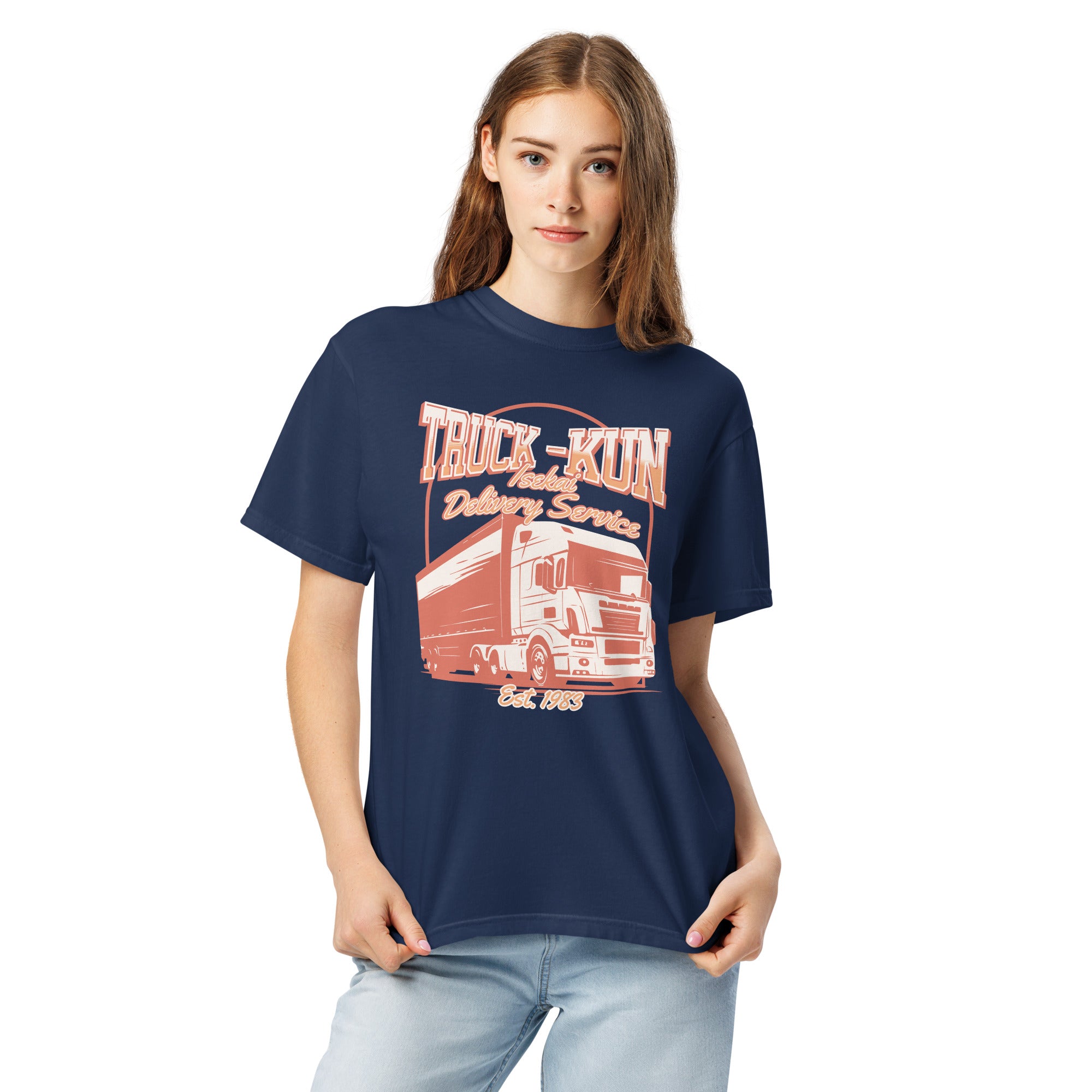 Person wearing a navy blue t-shirt with a 'Truck-kun Isekai Delivery Service' graphic and text on a white background