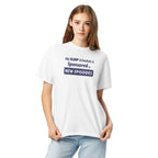 Person wearing a white t-shirt with funny, witty 'My Sleep Schedule is Sponsored by New Episodes' text design on a white background