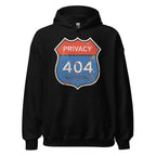 Black hoodie with a graphic design featuring 'Privacy 404 Not Found' on a white background