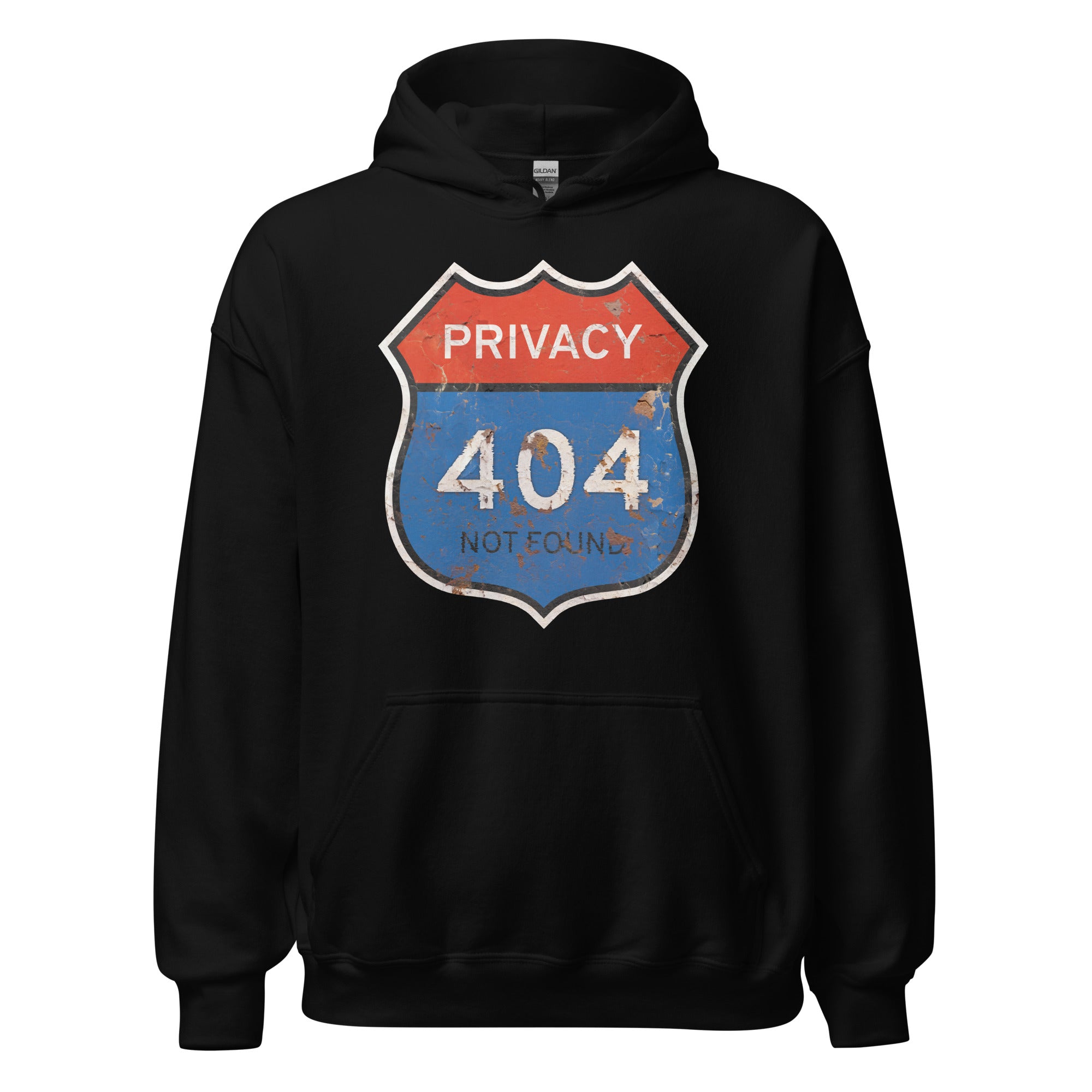 Black hoodie with a graphic design featuring 'Privacy 404 Not Found' on a white background
