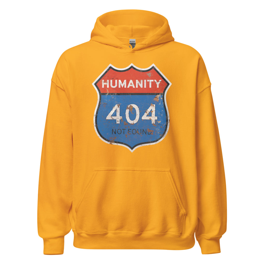 Yellow hoodie with a 'Humanity 404 Not Found' graphic design on a white background