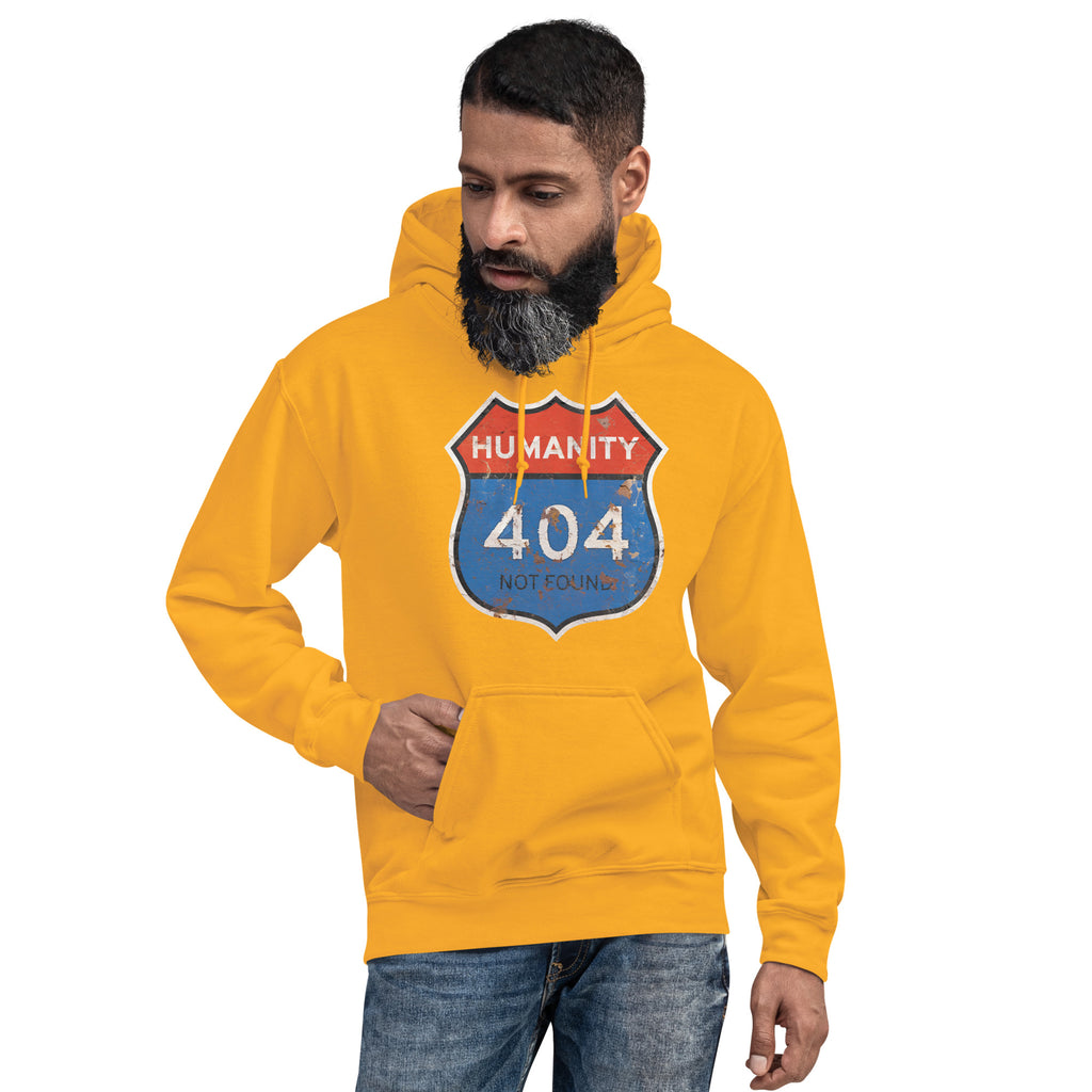 Man wearing a yellow hoodie with a unique 'Humanity 404 Not Found' design on a white background
