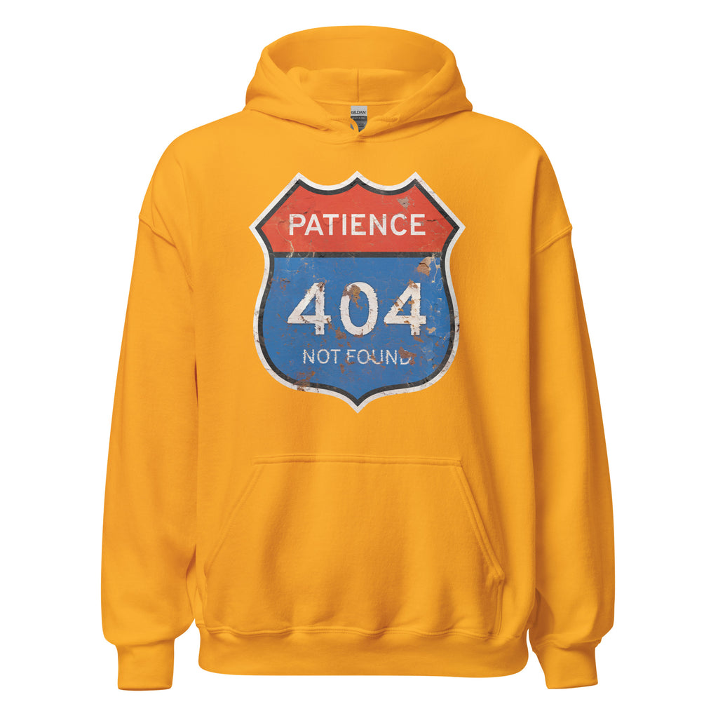 Yellow hoodie with a 'Patience 404 Not Found' graphic design on a white background