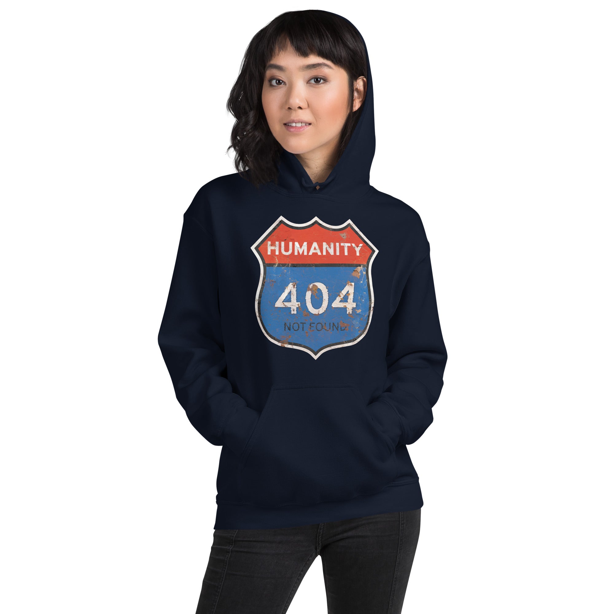 Person wearing a navy hoodie with a unique 'Humanity 404 Not Found' design on a white background