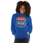 Person wearing a blue hoodie with a unique 'Humanity 404 Not Found' design on a white background